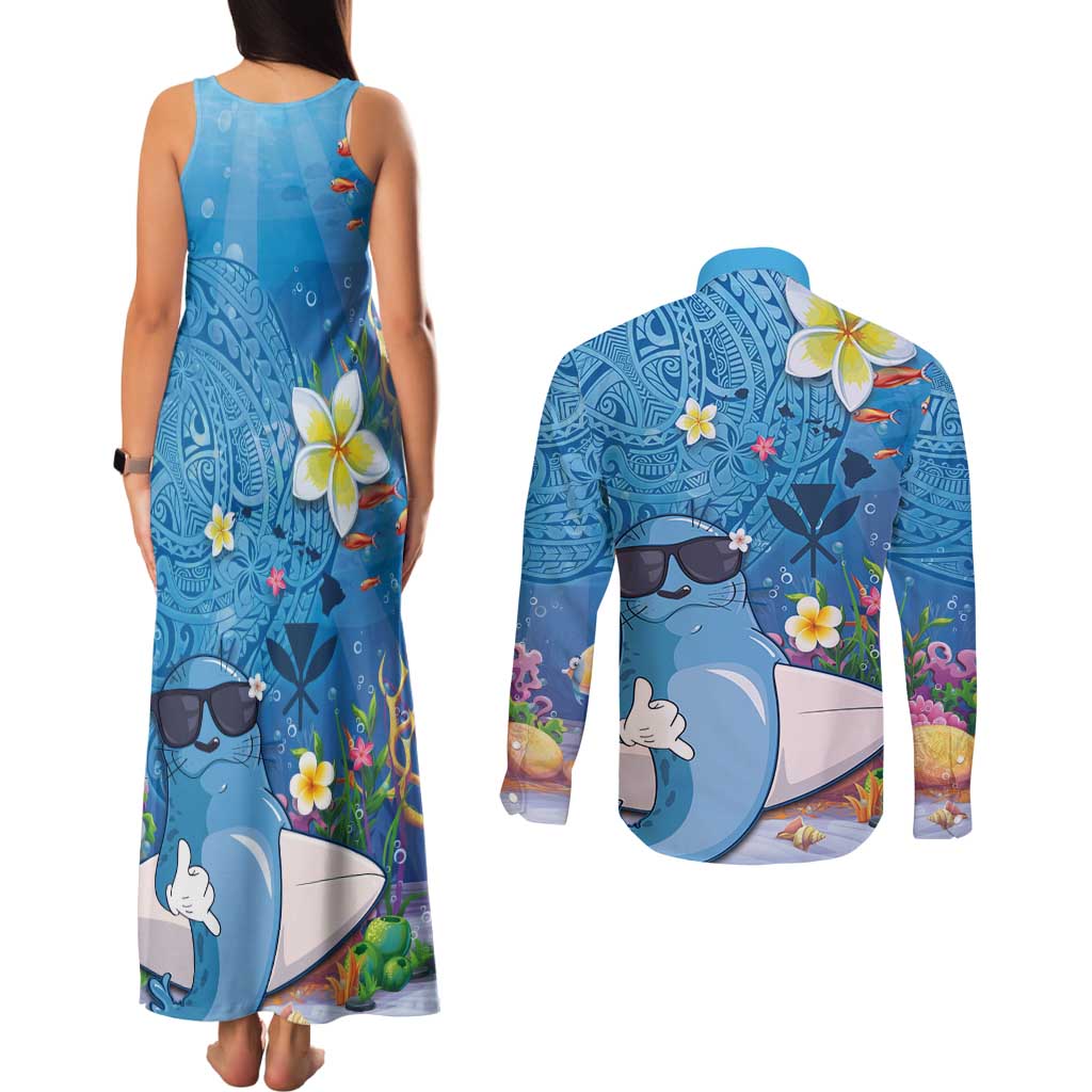 Aloha Hawaiian Monk Seal Couples Matching Tank Maxi Dress and Long Sleeve Button Shirt Polynesian Tattoo The Ocean and Undersea Vibe