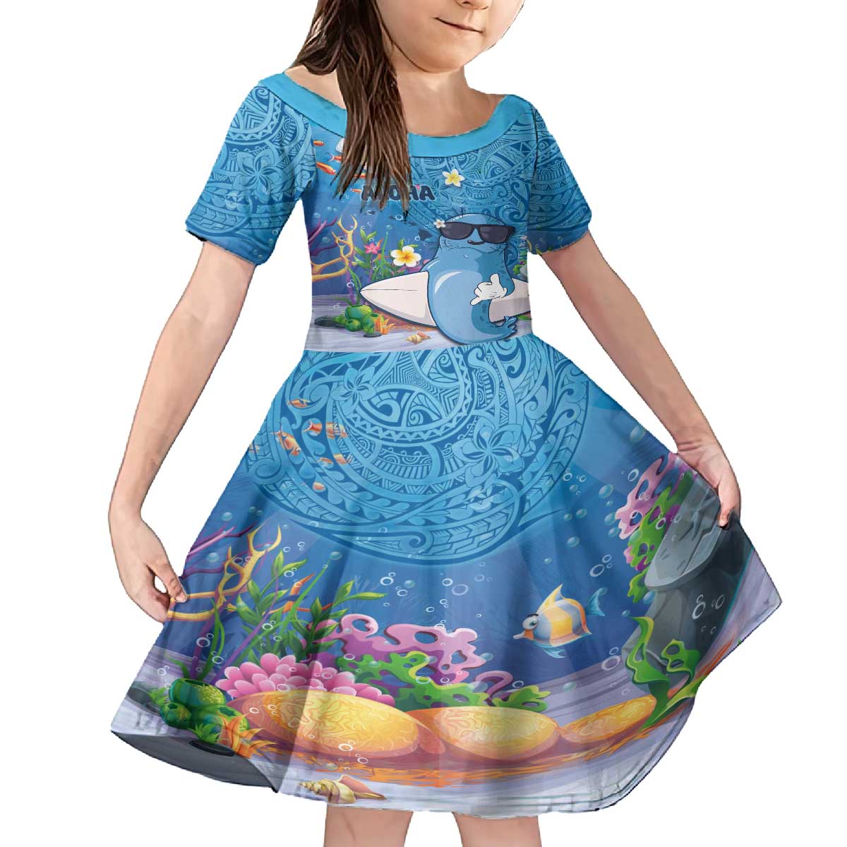 Aloha Hawaiian Monk Seal Family Matching Off The Shoulder Long Sleeve Dress and Hawaiian Shirt Polynesian Tattoo The Ocean and Undersea Vibe LT03 Daughter's Dress Blue - Polynesian Pride