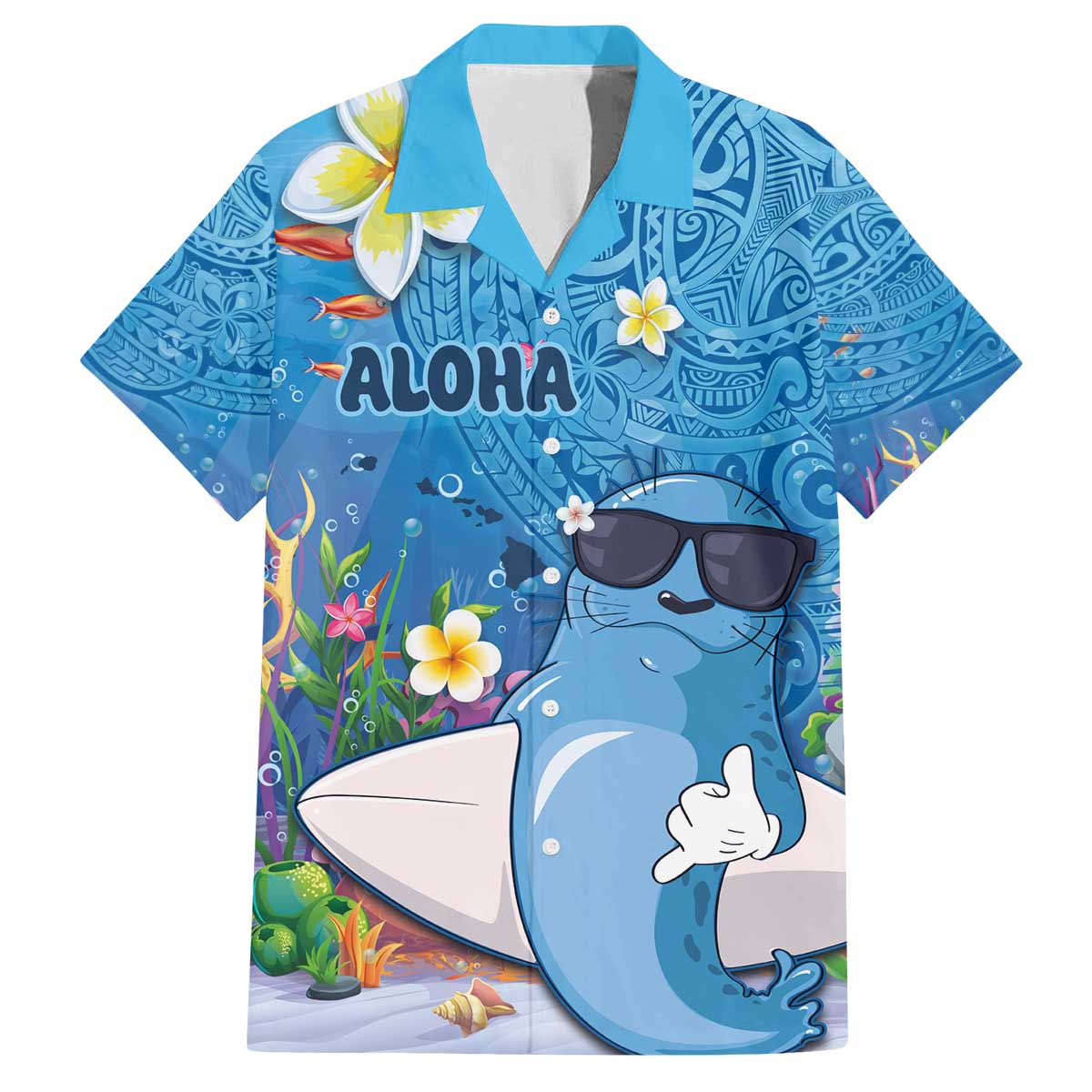 Aloha Hawaiian Monk Seal Family Matching Off The Shoulder Long Sleeve Dress and Hawaiian Shirt Polynesian Tattoo The Ocean and Undersea Vibe LT03 Dad's Shirt - Short Sleeve Blue - Polynesian Pride