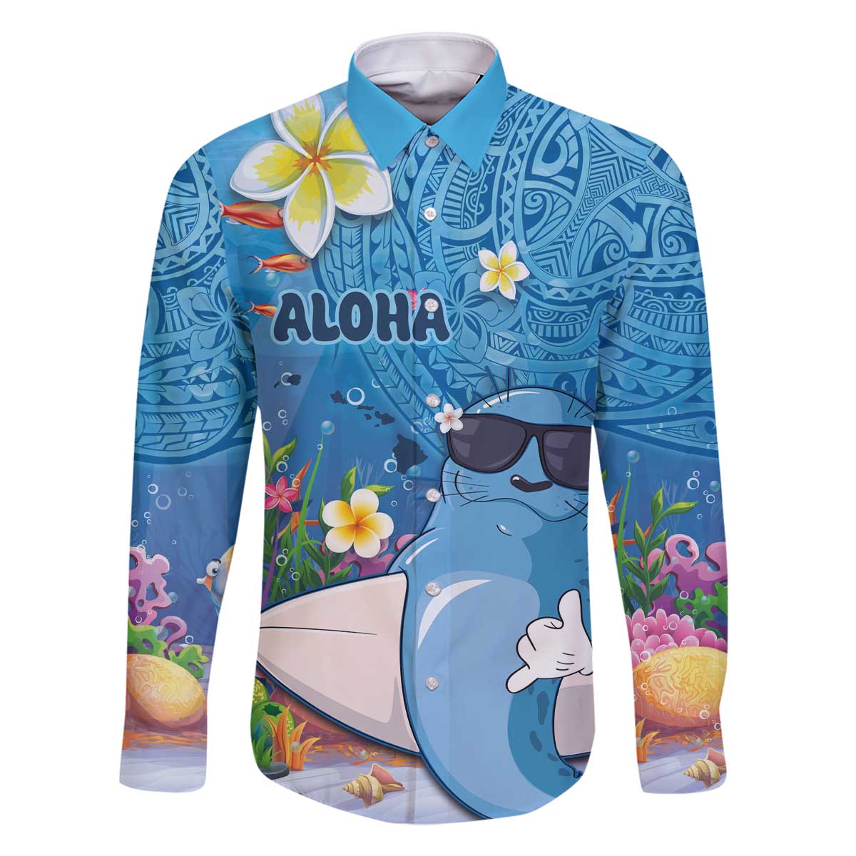 Aloha Hawaiian Monk Seal Family Matching Off The Shoulder Long Sleeve Dress and Hawaiian Shirt Polynesian Tattoo The Ocean and Undersea Vibe LT03 Dad's Shirt - Long Sleeve Blue - Polynesian Pride