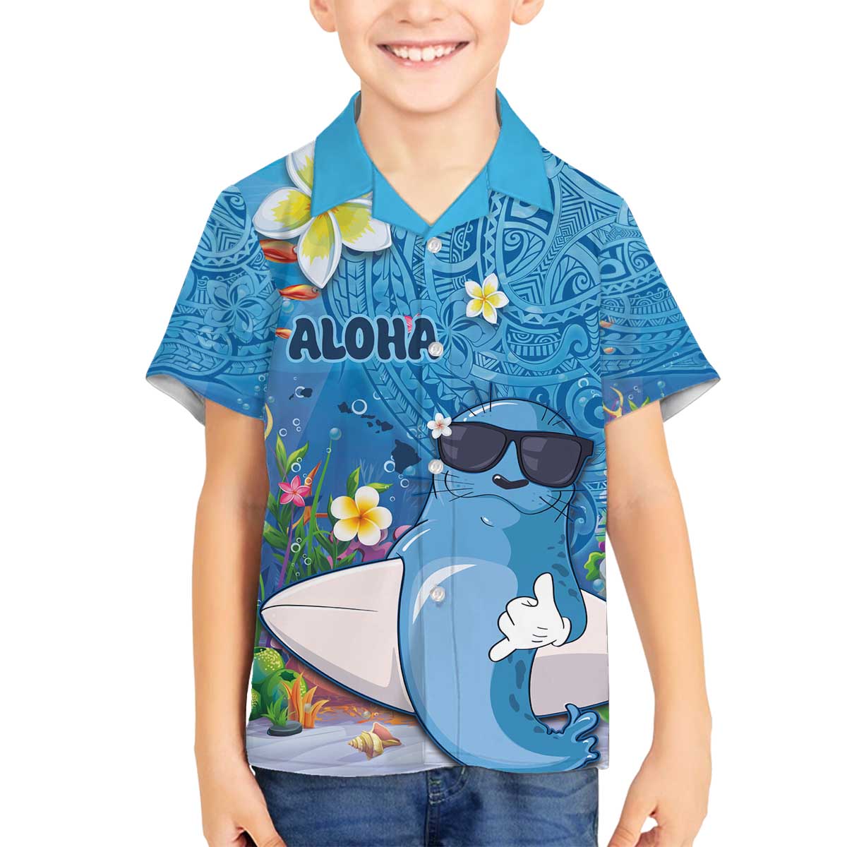 Aloha Hawaiian Monk Seal Family Matching Off The Shoulder Long Sleeve Dress and Hawaiian Shirt Polynesian Tattoo The Ocean and Undersea Vibe LT03 Son's Shirt Blue - Polynesian Pride