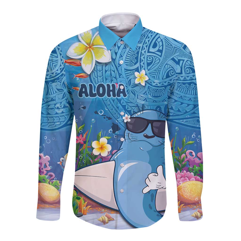 Aloha Hawaiian Monk Seal Long Sleeve Button Shirt Polynesian Tattoo The Ocean and Undersea Vibe LT03 Unisex Blue - Polynesian Pride
