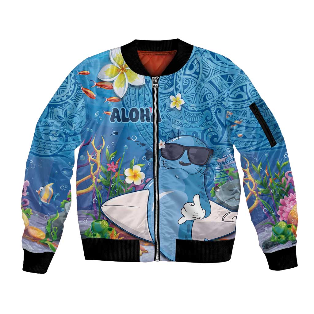 Aloha Hawaiian Monk Seal Sleeve Zip Bomber Jacket Polynesian Tattoo The Ocean and Undersea Vibe LT03 Unisex Blue - Polynesian Pride
