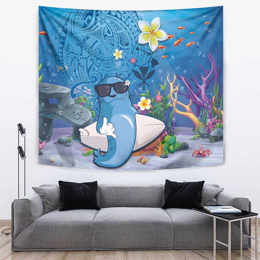 Aloha Hawaiian Monk Seal Tapestry Polynesian Tattoo The Ocean and Undersea Vibe LT03 Blue - Polynesian Pride