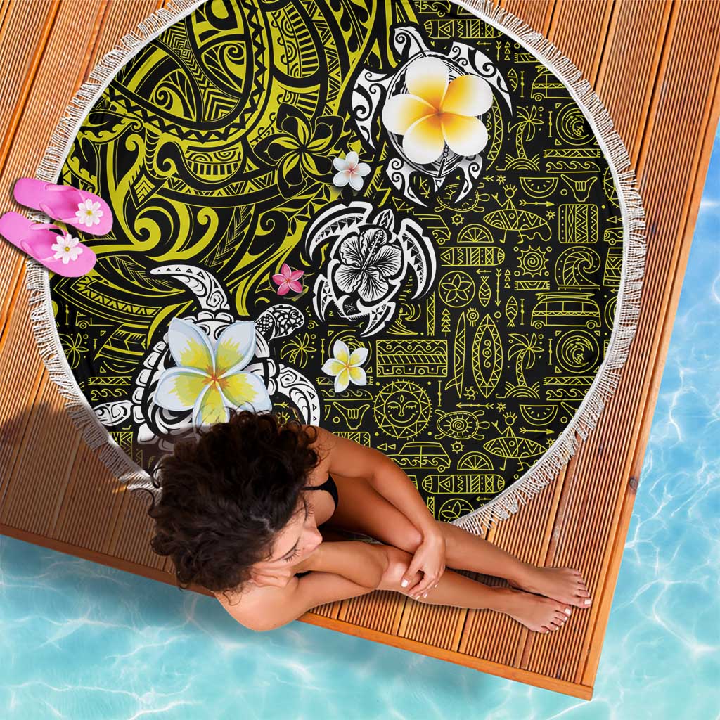 Hawaiian Turtle and Plumeria Beach Blanket Polynesian Tattoo and Tribal Elements Pattern Yellow Color