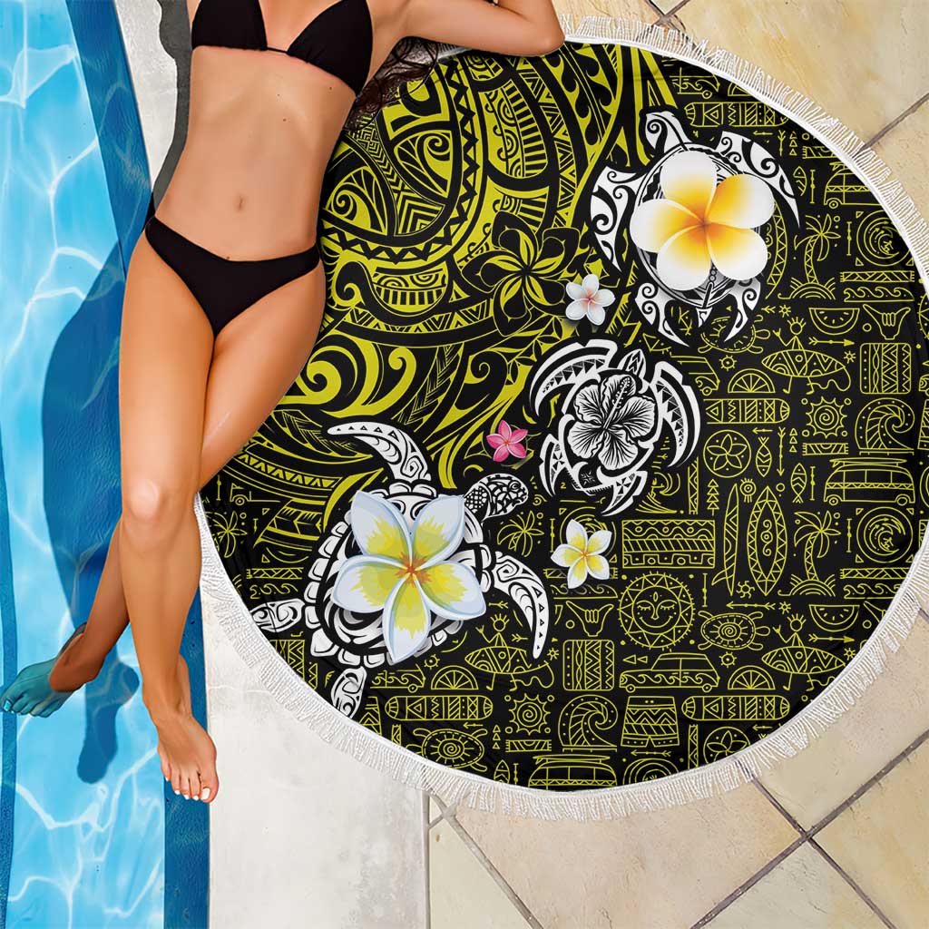 Hawaiian Turtle and Plumeria Beach Blanket Polynesian Tattoo and Tribal Elements Pattern Yellow Color