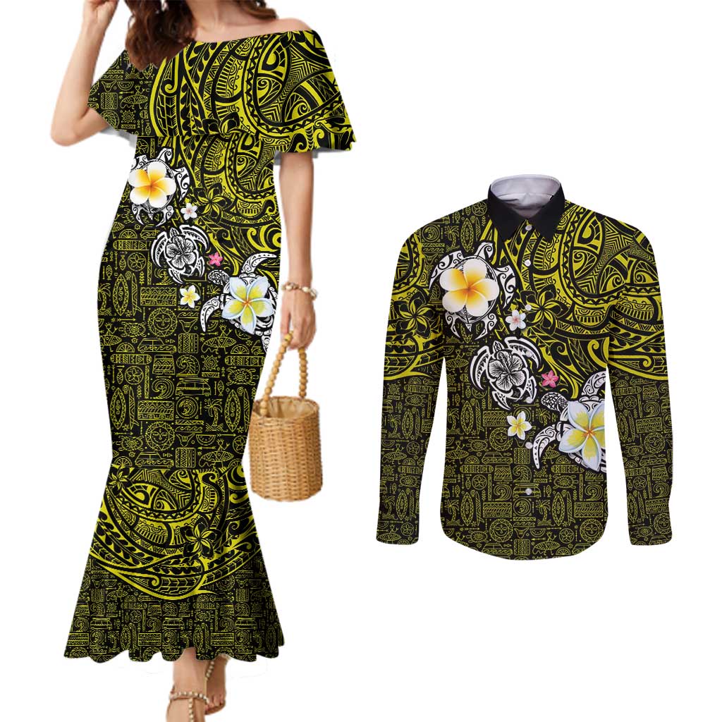 Hawaiian Turtle and Plumeria Couples Matching Mermaid Dress and Long Sleeve Button Shirt Polynesian Tattoo and Tribal Elements Pattern Yellow Color LT03 Yellow - Polynesian Pride