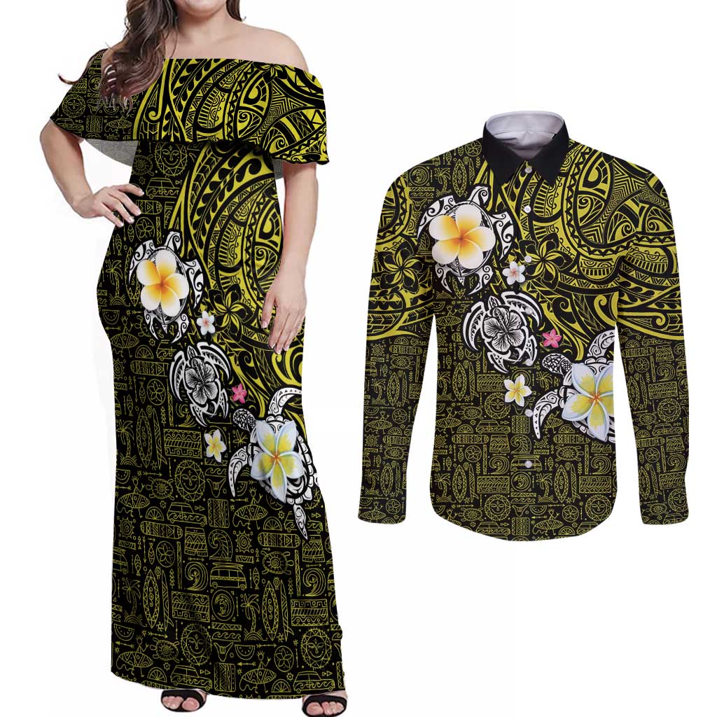 Hawaiian Turtle and Plumeria Couples Matching Off Shoulder Maxi Dress and Long Sleeve Button Shirt Polynesian Tattoo and Tribal Elements Pattern Yellow Color LT03 Yellow - Polynesian Pride