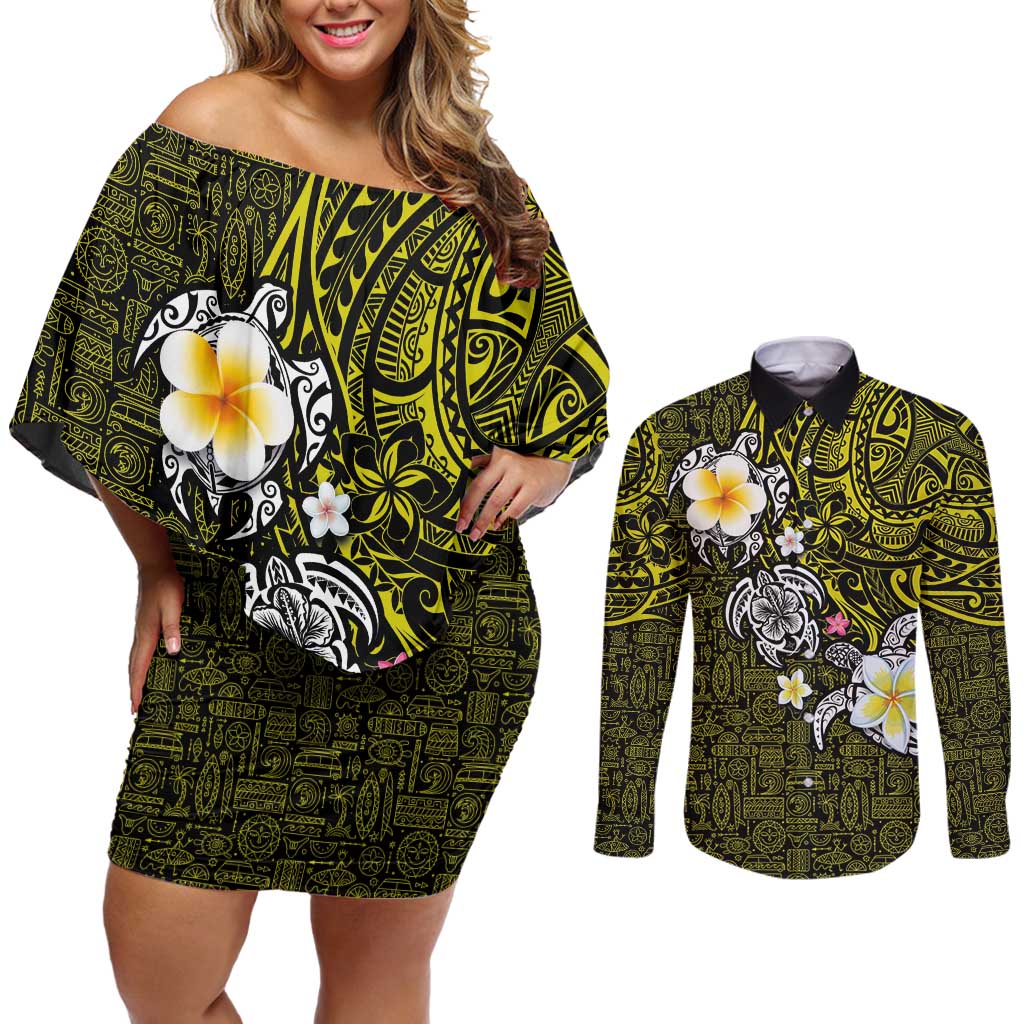 Hawaiian Turtle and Plumeria Couples Matching Off Shoulder Short Dress and Long Sleeve Button Shirt Polynesian Tattoo and Tribal Elements Pattern Yellow Color LT03 Yellow - Polynesian Pride