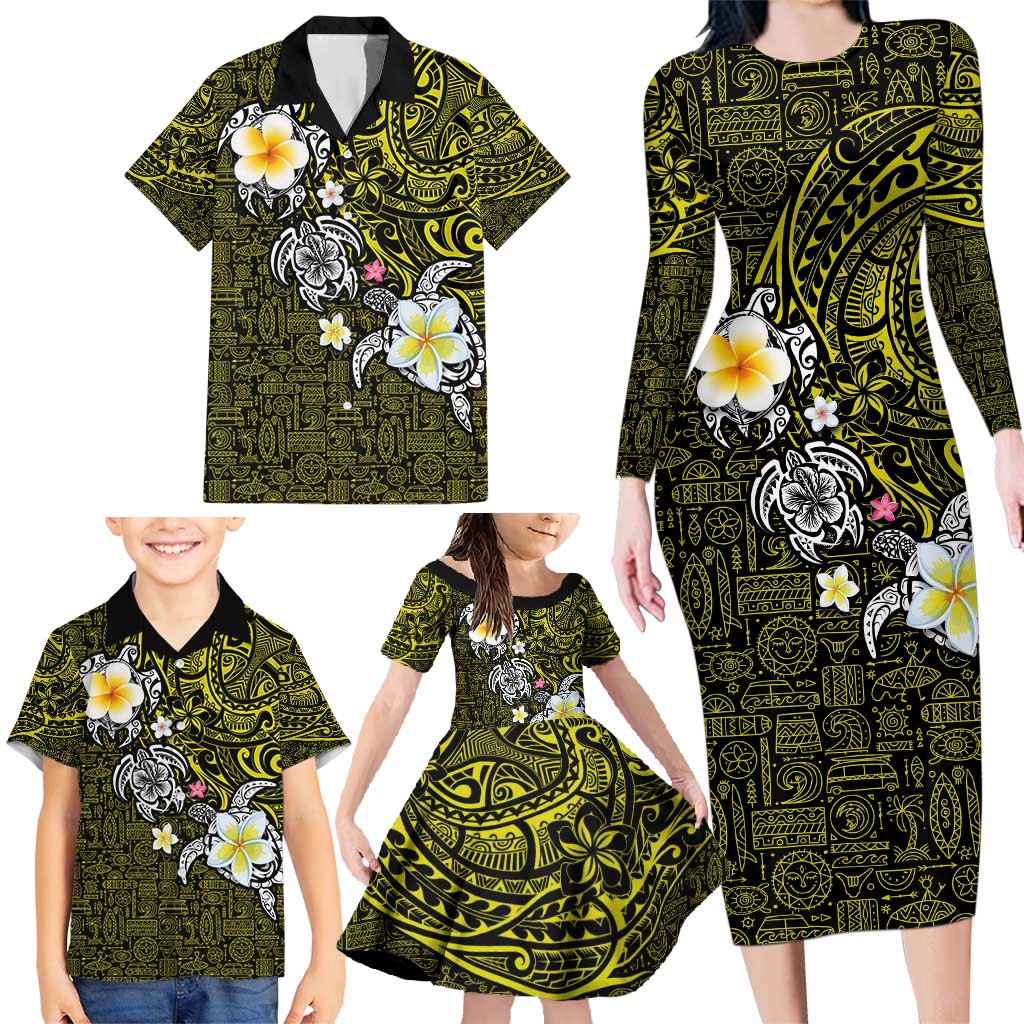 Hawaiian Turtle and Plumeria Family Matching Long Sleeve Bodycon Dress and Hawaiian Shirt Polynesian Tattoo and Tribal Elements Pattern Yellow Color LT03 - Polynesian Pride
