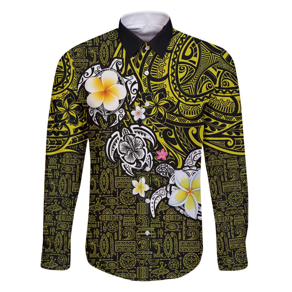 Hawaiian Turtle and Plumeria Family Matching Long Sleeve Bodycon Dress and Hawaiian Shirt Polynesian Tattoo and Tribal Elements Pattern Yellow Color