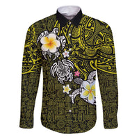 Hawaiian Turtle and Plumeria Family Matching Long Sleeve Bodycon Dress and Hawaiian Shirt Polynesian Tattoo and Tribal Elements Pattern Yellow Color