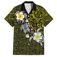 Hawaiian Turtle and Plumeria Family Matching Off The Shoulder Long Sleeve Dress and Hawaiian Shirt Polynesian Tattoo and Tribal Elements Pattern Yellow Color LT03 Dad's Shirt - Short Sleeve Yellow - Polynesian Pride