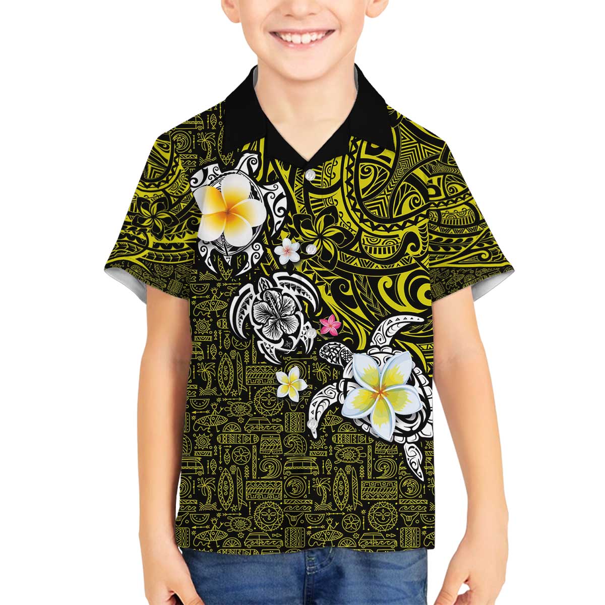 Hawaiian Turtle and Plumeria Family Matching Off The Shoulder Long Sleeve Dress and Hawaiian Shirt Polynesian Tattoo and Tribal Elements Pattern Yellow Color LT03 Son's Shirt Yellow - Polynesian Pride