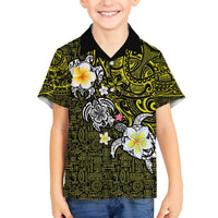 Hawaiian Turtle and Plumeria Family Matching Off The Shoulder Long Sleeve Dress and Hawaiian Shirt Polynesian Tattoo and Tribal Elements Pattern Yellow Color LT03 Son's Shirt Yellow - Polynesian Pride