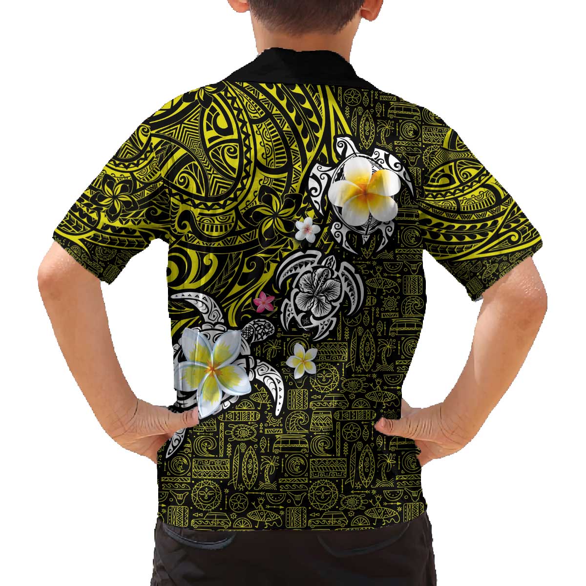 Hawaiian Turtle and Plumeria Family Matching Puletasi and Hawaiian Shirt Polynesian Tattoo and Tribal Elements Pattern Yellow Color