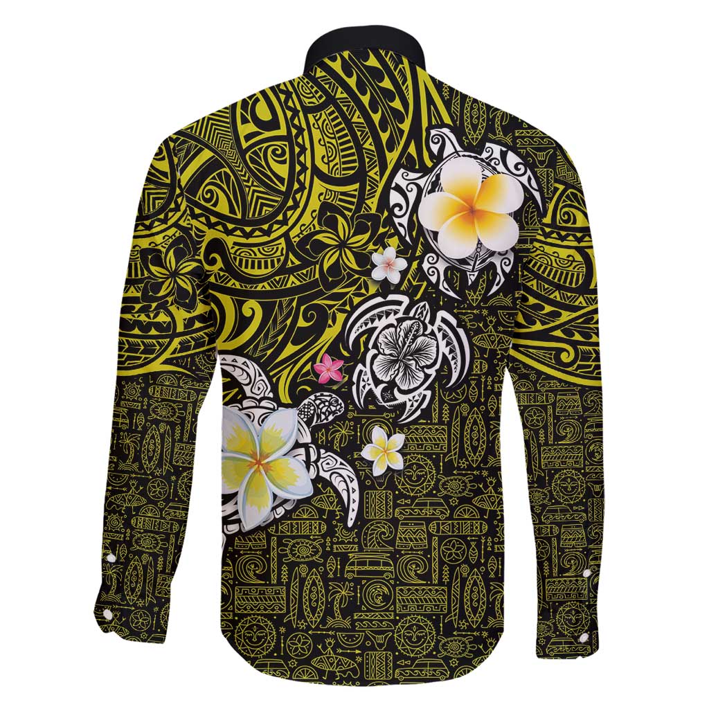 Hawaiian Turtle and Plumeria Family Matching Summer Maxi Dress and Hawaiian Shirt Polynesian Tattoo and Tribal Elements Pattern Yellow Color LT03 - Polynesian Pride