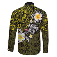 Hawaiian Turtle and Plumeria Family Matching Summer Maxi Dress and Hawaiian Shirt Polynesian Tattoo and Tribal Elements Pattern Yellow Color LT03 - Polynesian Pride