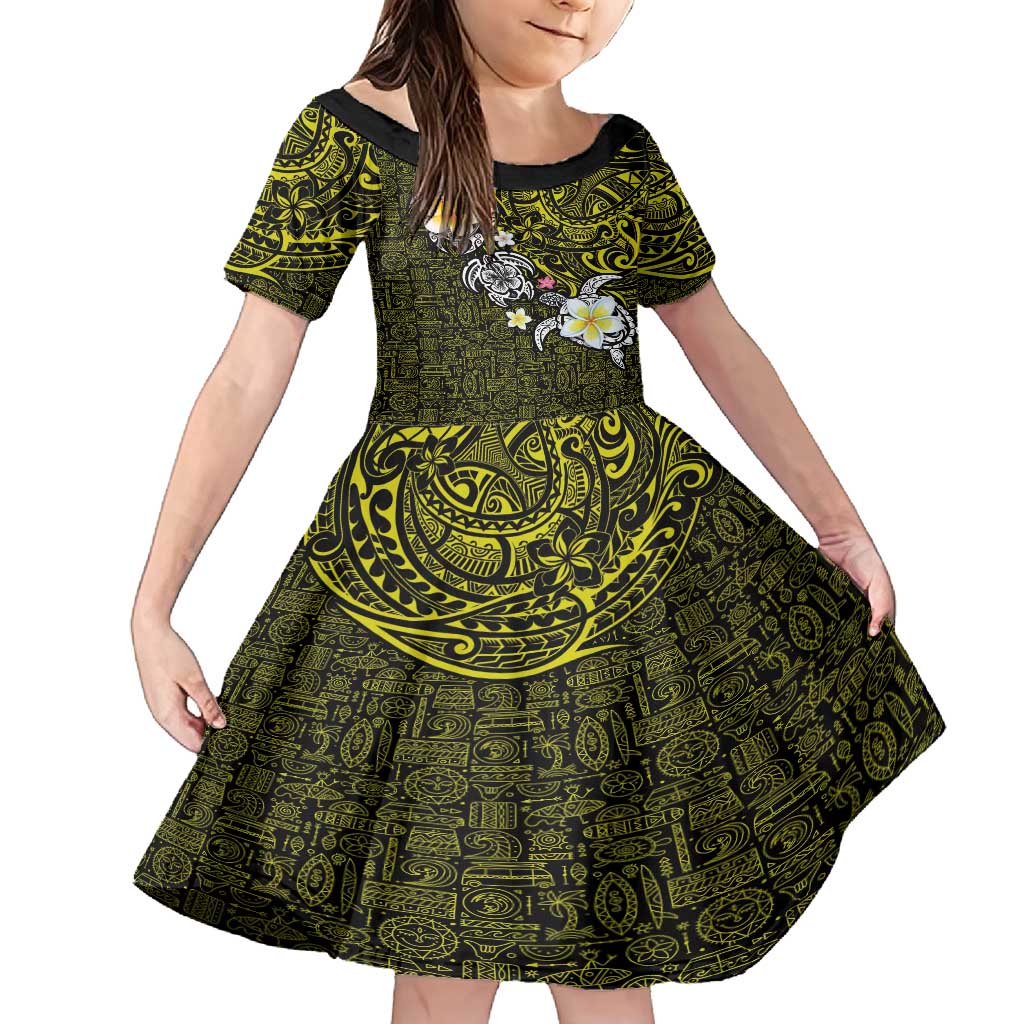 Hawaiian Turtle and Plumeria Family Matching Tank Maxi Dress and Hawaiian Shirt Polynesian Tattoo and Tribal Elements Pattern Yellow Color LT03 Daughter's Dress Yellow - Polynesian Pride
