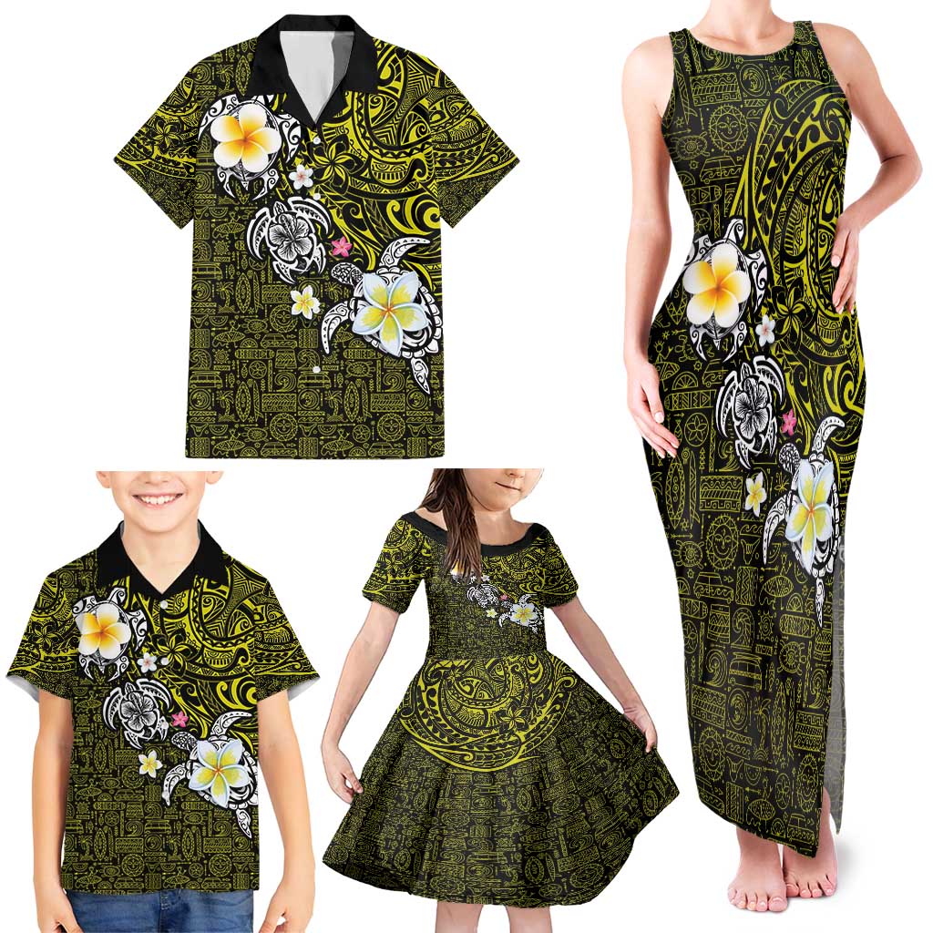 Hawaiian Turtle and Plumeria Family Matching Tank Maxi Dress and Hawaiian Shirt Polynesian Tattoo and Tribal Elements Pattern Yellow Color LT03 - Polynesian Pride