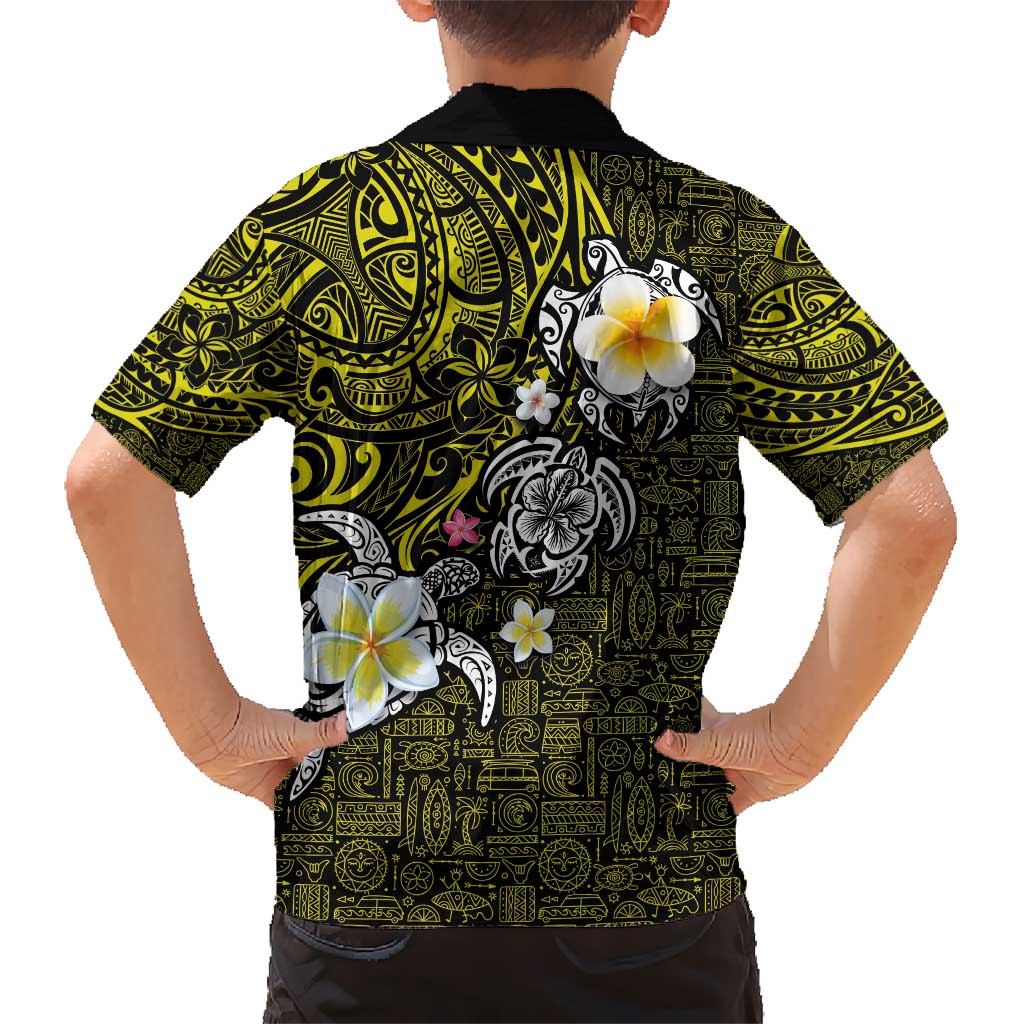 Hawaiian Turtle and Plumeria Kid Hawaiian Shirt Polynesian Tattoo and Tribal Elements Pattern Yellow Color