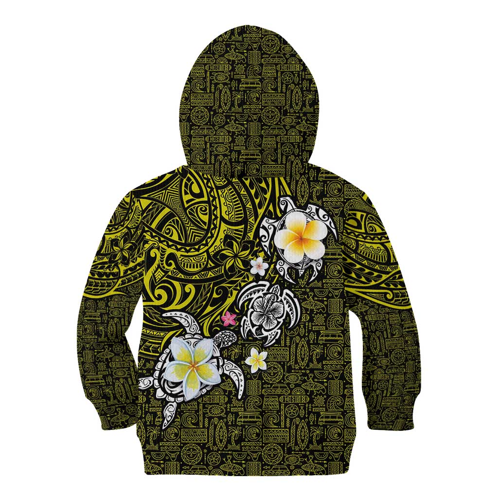 Hawaiian Turtle and Plumeria Kid Hoodie Polynesian Tattoo and Tribal Elements Pattern Yellow Color