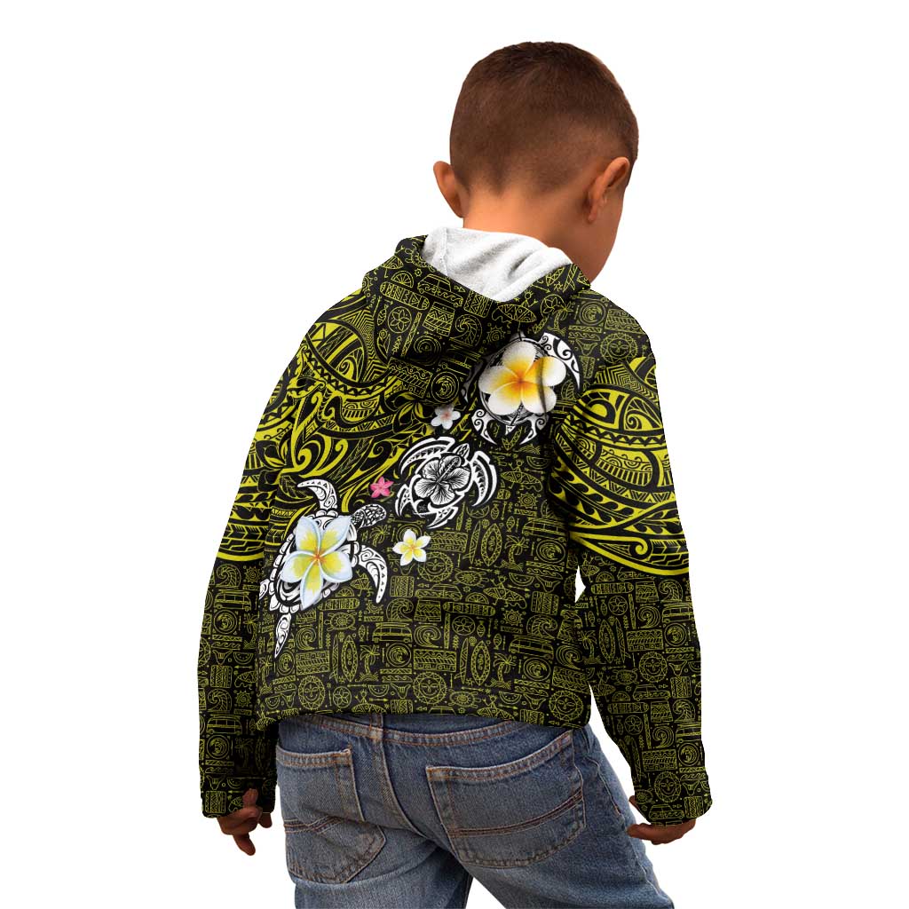 Hawaiian Turtle and Plumeria Kid Hoodie Polynesian Tattoo and Tribal Elements Pattern Yellow Color