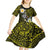 Hawaiian Turtle and Plumeria Kid Short Sleeve Dress Polynesian Tattoo and Tribal Elements Pattern Yellow Color