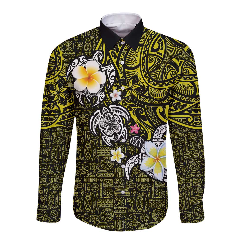 Hawaiian Turtle and Plumeria Long Sleeve Button Shirt Polynesian Tattoo and Tribal Elements Pattern Yellow Color LT03 Unisex Yellow - Polynesian Pride