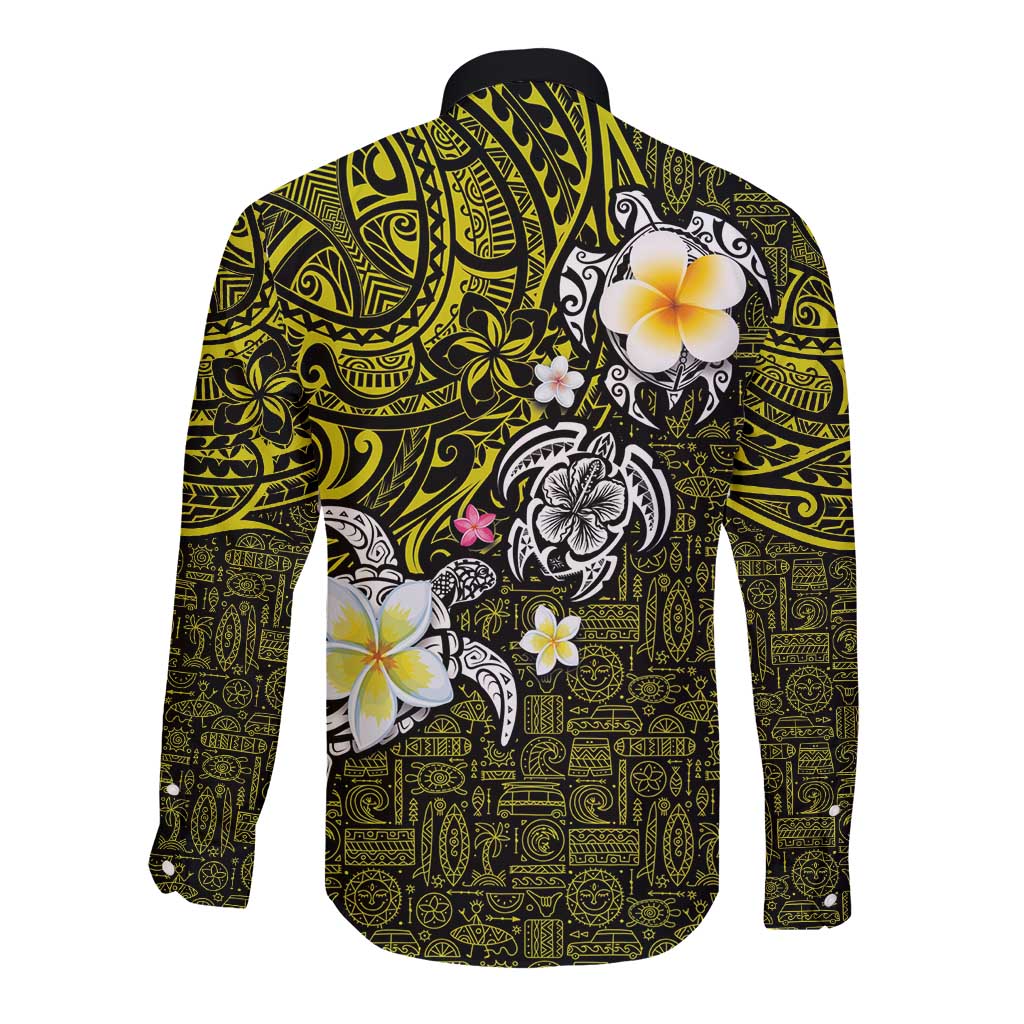 Hawaiian Turtle and Plumeria Long Sleeve Button Shirt Polynesian Tattoo and Tribal Elements Pattern Yellow Color LT03 - Polynesian Pride