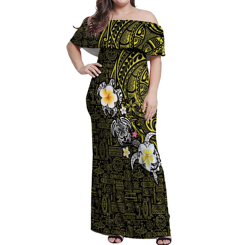 Hawaiian Turtle and Plumeria Off Shoulder Maxi Dress Polynesian Tattoo and Tribal Elements Pattern Yellow Color