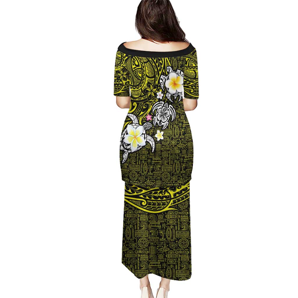 Hawaiian Turtle and Plumeria Puletasi Polynesian Tattoo and Tribal Elements Pattern Yellow Color