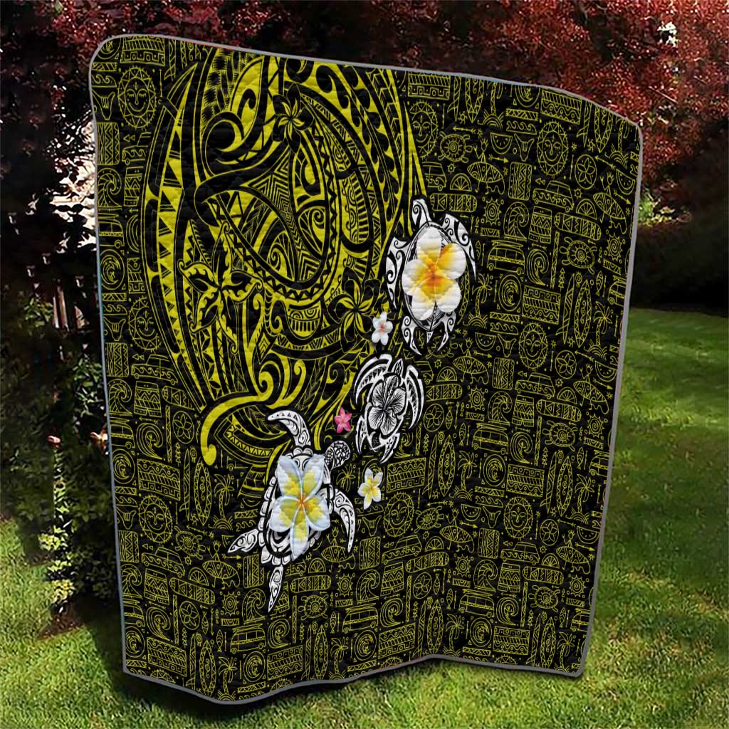 Hawaiian Turtle and Plumeria Quilt Polynesian Tattoo and Tribal Elements Pattern Yellow Color