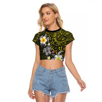 Hawaiian Turtle and Plumeria Raglan Cropped T Shirt Polynesian Tattoo and Tribal Elements Pattern Yellow Color
