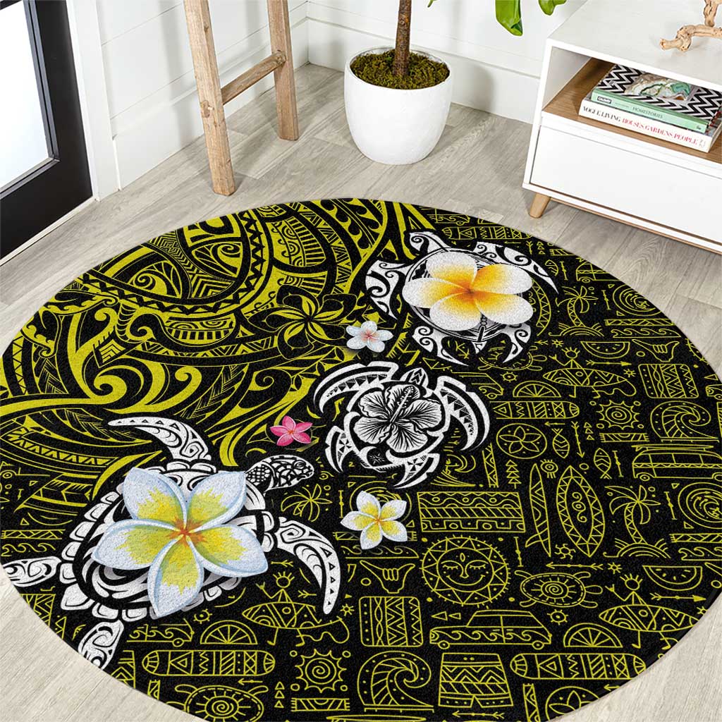 Hawaiian Turtle and Plumeria Round Carpet Polynesian Tattoo and Tribal Elements Pattern Yellow Color LT03 Yellow - Polynesian Pride