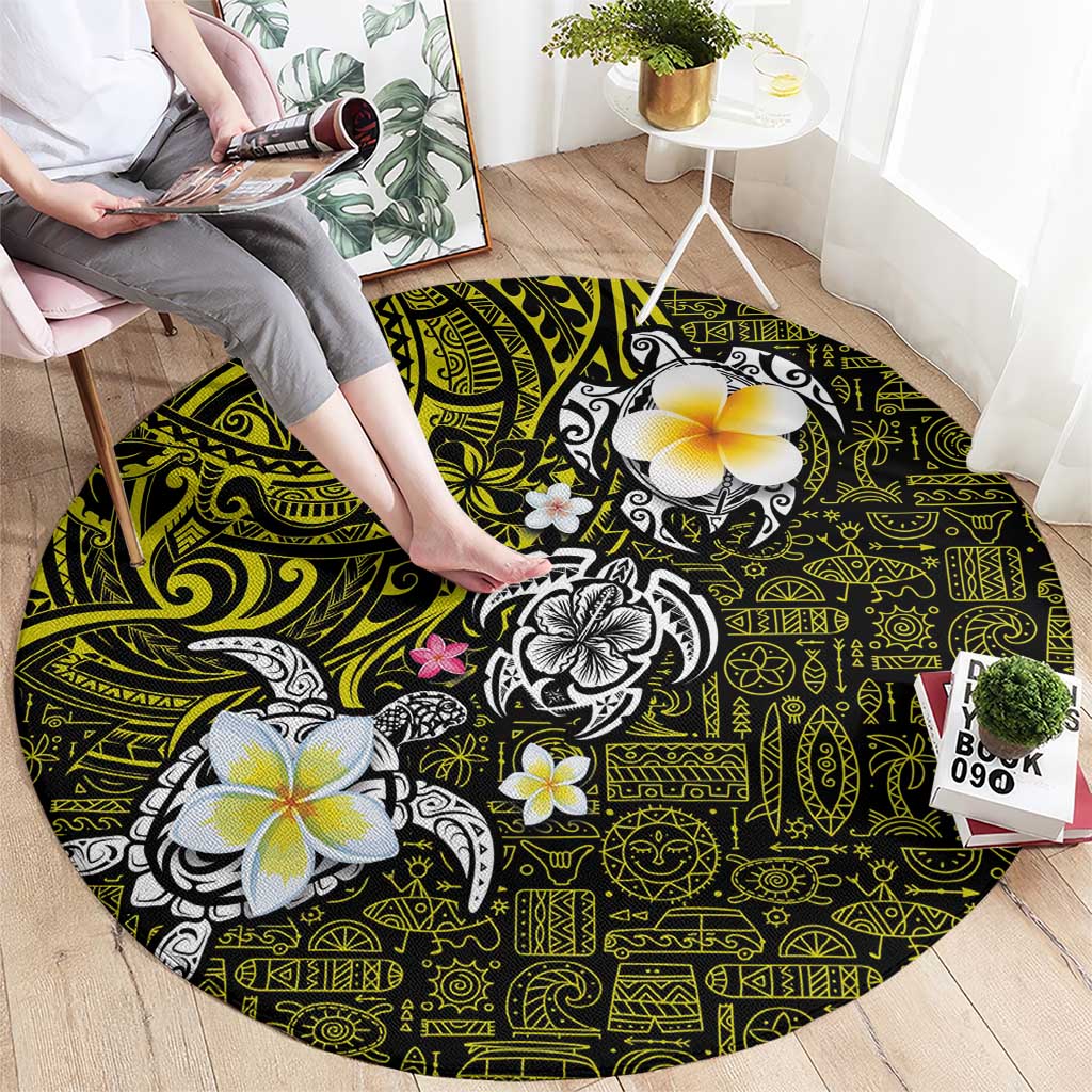 Hawaiian Turtle and Plumeria Round Carpet Polynesian Tattoo and Tribal Elements Pattern Yellow Color LT03 - Polynesian Pride