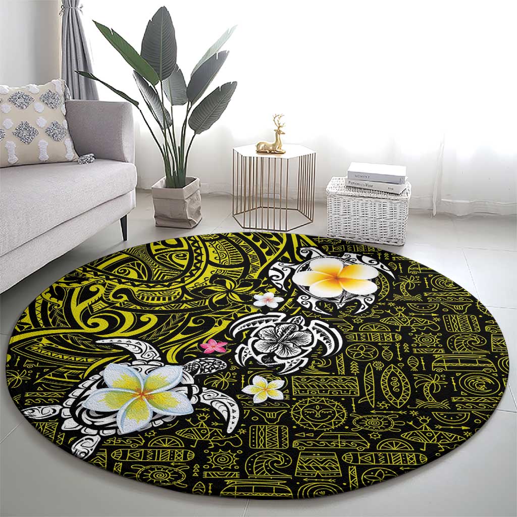Hawaiian Turtle and Plumeria Round Carpet Polynesian Tattoo and Tribal Elements Pattern Yellow Color LT03 - Polynesian Pride