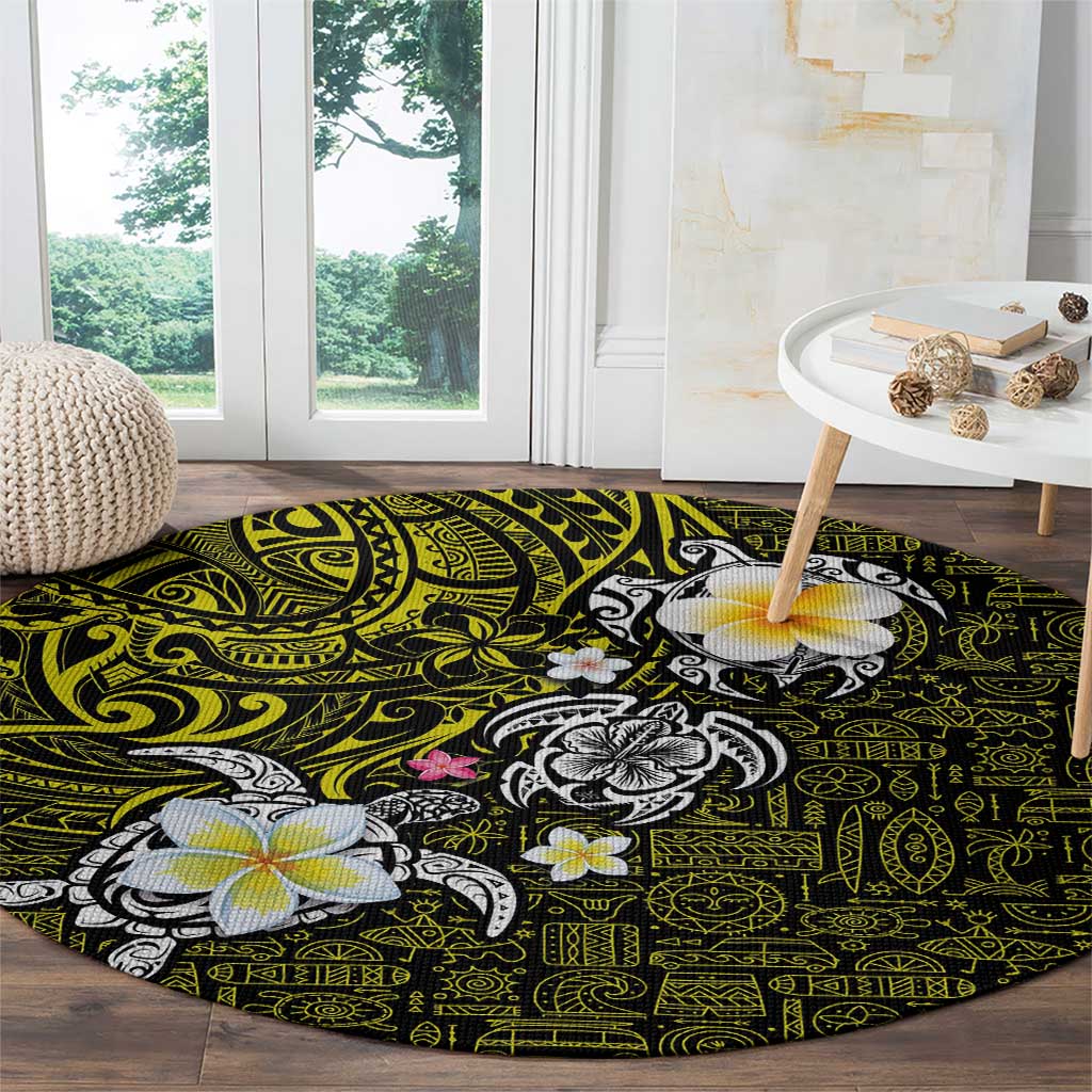 Hawaiian Turtle and Plumeria Round Carpet Polynesian Tattoo and Tribal Elements Pattern Yellow Color LT03 - Polynesian Pride