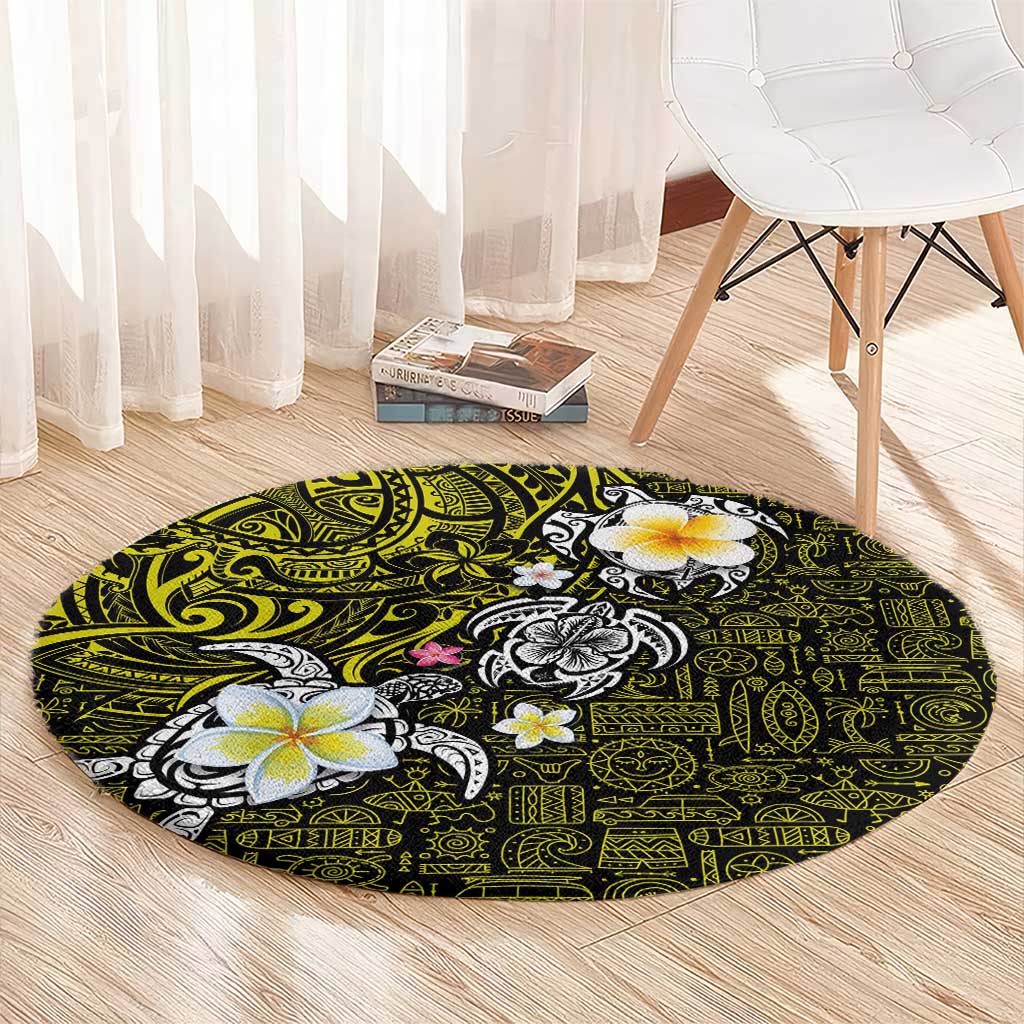 Hawaiian Turtle and Plumeria Round Carpet Polynesian Tattoo and Tribal Elements Pattern Yellow Color LT03 - Polynesian Pride