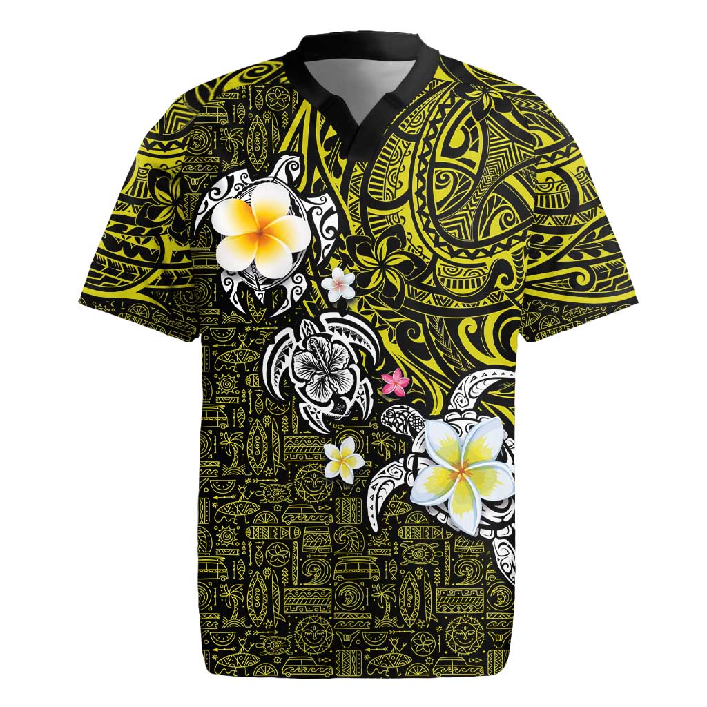 Hawaiian Turtle and Plumeria Rugby Jersey Polynesian Tattoo and Tribal Elements Pattern Yellow Color