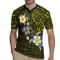 Hawaiian Turtle and Plumeria Rugby Jersey Polynesian Tattoo and Tribal Elements Pattern Yellow Color