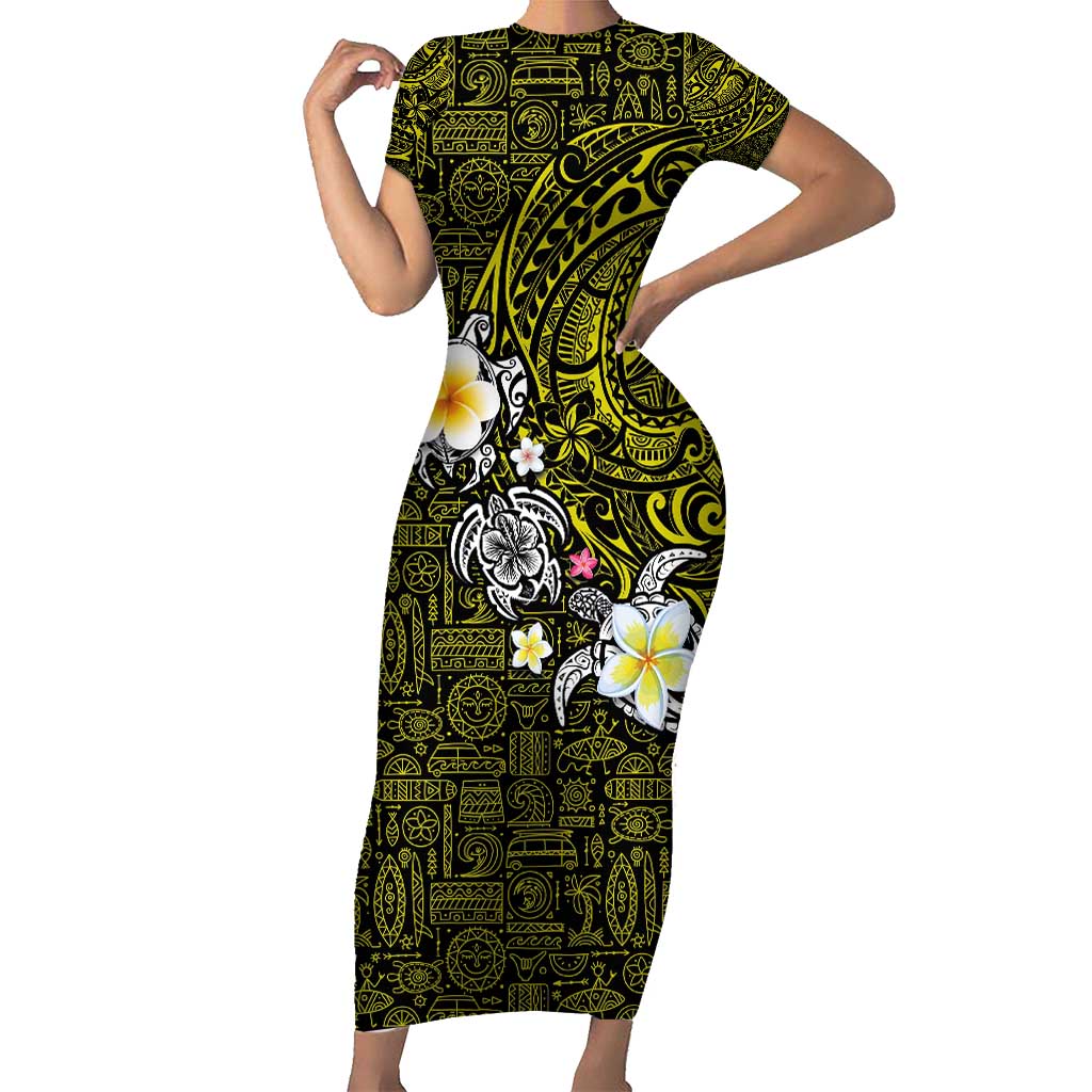 Hawaiian Turtle and Plumeria Short Sleeve Bodycon Dress Polynesian Tattoo and Tribal Elements Pattern Yellow Color