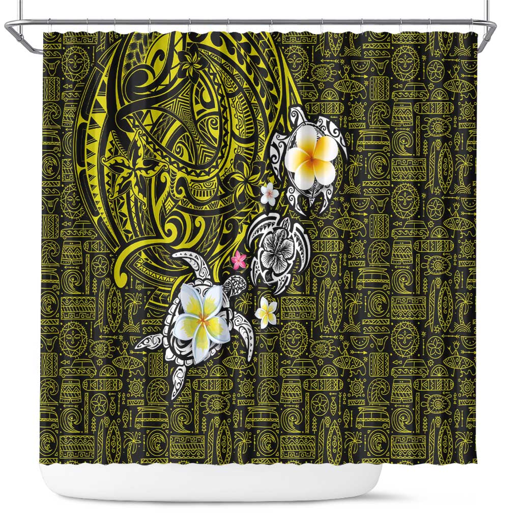 Hawaiian Turtle and Plumeria Shower Curtain Polynesian Tattoo and Tribal Elements Pattern Yellow Color LT03 Yellow - Polynesian Pride