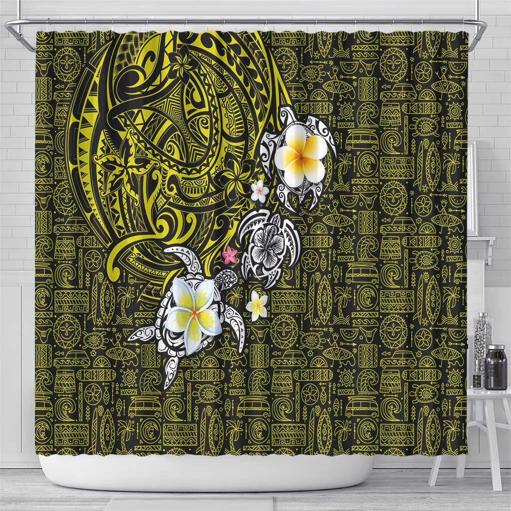 Hawaiian Turtle and Plumeria Shower Curtain Polynesian Tattoo and Tribal Elements Pattern Yellow Color