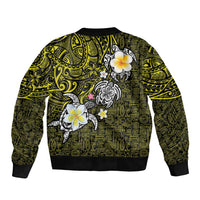Hawaiian Turtle and Plumeria Sleeve Zip Bomber Jacket Polynesian Tattoo and Tribal Elements Pattern Yellow Color