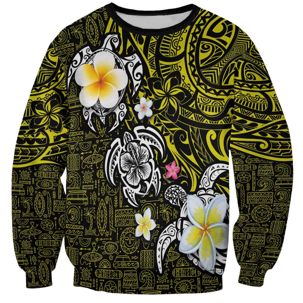 Hawaiian Turtle and Plumeria Sweatshirt Polynesian Tattoo and Tribal Elements Pattern Yellow Color