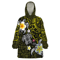 Hawaiian Turtle and Plumeria Wearable Blanket Hoodie Polynesian Tattoo and Tribal Elements Pattern Yellow Color