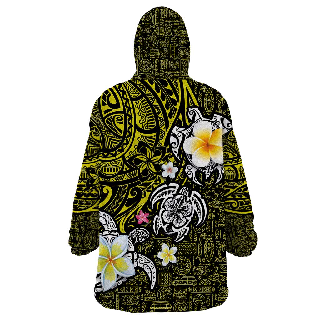 Hawaiian Turtle and Plumeria Wearable Blanket Hoodie Polynesian Tattoo and Tribal Elements Pattern Yellow Color