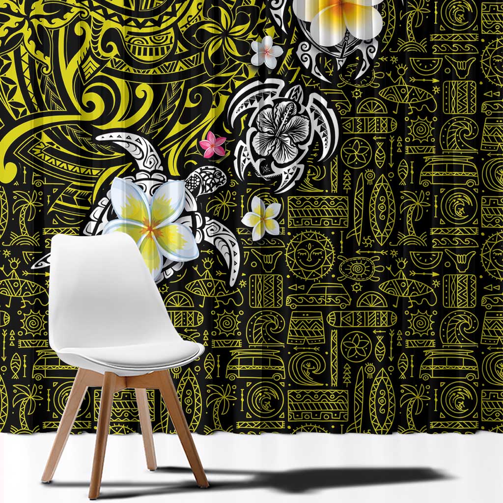Hawaiian Turtle and Plumeria Window Curtain Polynesian Tattoo and Tribal Elements Pattern Yellow Color