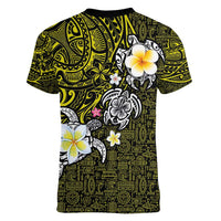 Hawaiian Turtle and Plumeria Women V-Neck T-Shirt Polynesian Tattoo and Tribal Elements Pattern Yellow Color